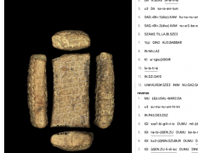 Cune-iiif-orm demo view of a cuneiform tablet, transliteration, translation, and metadata.